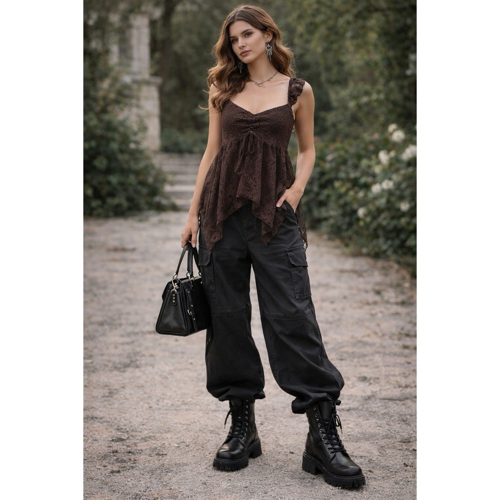 Good Days Project Tank Top Womens L Brown Lace Handkerchief Hem‎ Fairy Goth